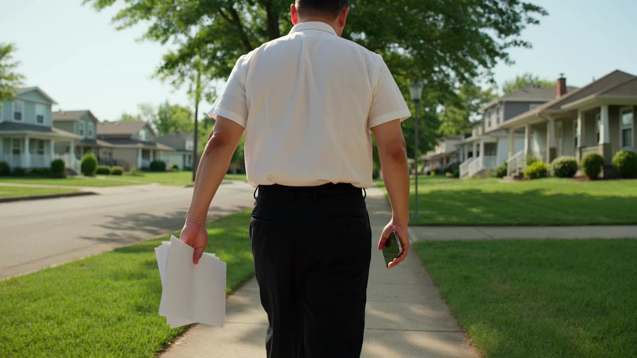 A flyer distributor walking along a residential street